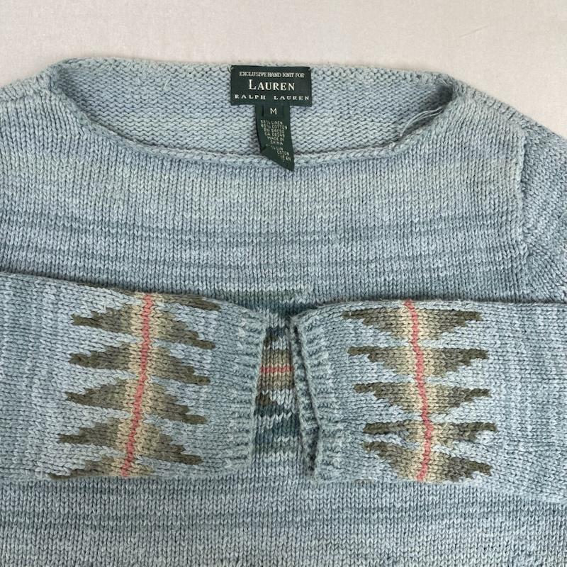 ローレンラルフローレン LAUREN RALPH LAUREN トップス トップス 90s ヴィンテージ ネイティブ リネン コットン HAND KNIT ニット セーター M 水色 / ライトブルー / レディース USED 古着 中古 50152709