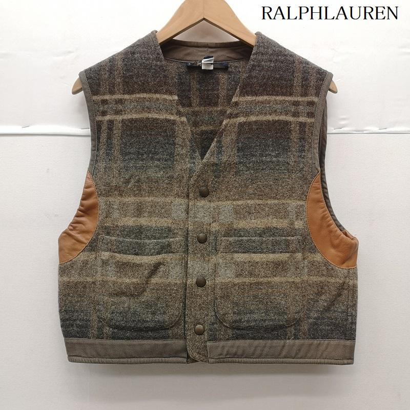 ラルフローレン RALPHLAUREN トップス トップス 80s 90s ウール ベスト ジャケット チェック柄 レザートリム USA製 M 茶 / ブラウン / brown メンズ USED 古着 中古 50152857
