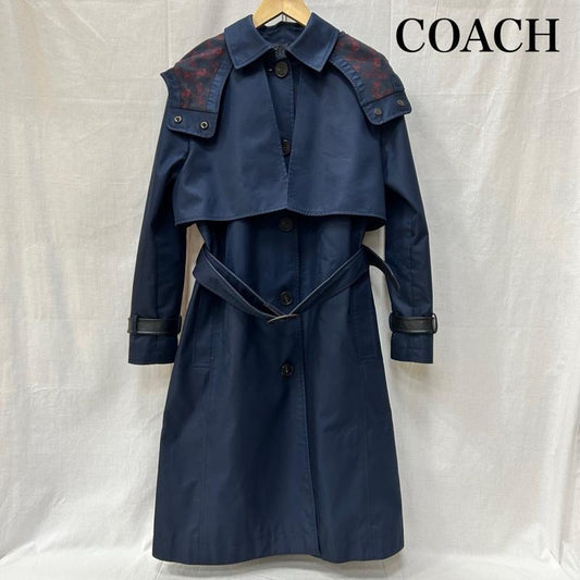 コーチ COACH コート トレンチコート フーデッドトレンチコート ホースアンドキャリッジ ネイビー タイ製 165/92A - 無地 X 総柄 紺 / ネイビー / navy レディース USED 古着 中古 50152862