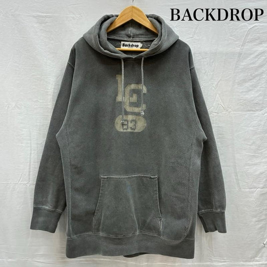 バックドロップ BACKDROP パーカー 長袖 ピグメントダイ プルオーバー スウェット パーカー フーディー XL ダメージ加工 X ロゴ、文字 チャコールグレー / チャコールグレー / メンズ USED 古着 中古 50152928