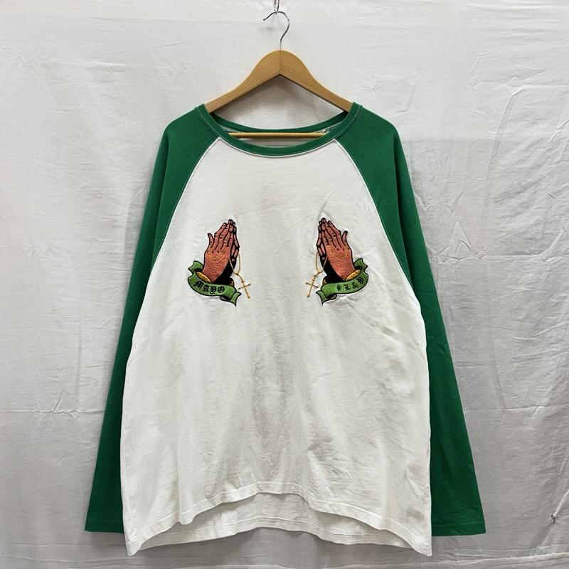 古着 USED トップス トップス MAYO メイヨー Laugh&Peace 西山茉希 コラボ ロゴ 刺繍 クルーネック ラグラン ロンT M 白 / ホワイト / white X 緑 / グリーン / green メンズ USED 古着 中古 50152951