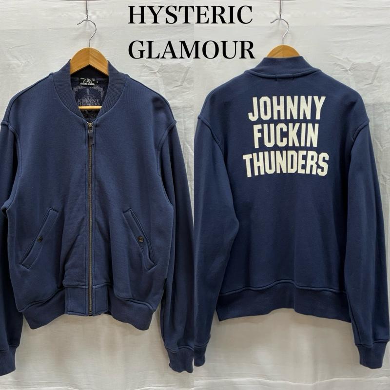 ヒステリックグラマー HYSTERIC GLAMOUR ジャケット、上着 ジャンパー、ブルゾン ニューヨークドールズ ジョニーサンダース スウェット MA-1 ボンバージャケット スタジャン M ロゴ、文字 X プリント 紺 / ネイビー / navy メンズ USED 古着 中古 50152994