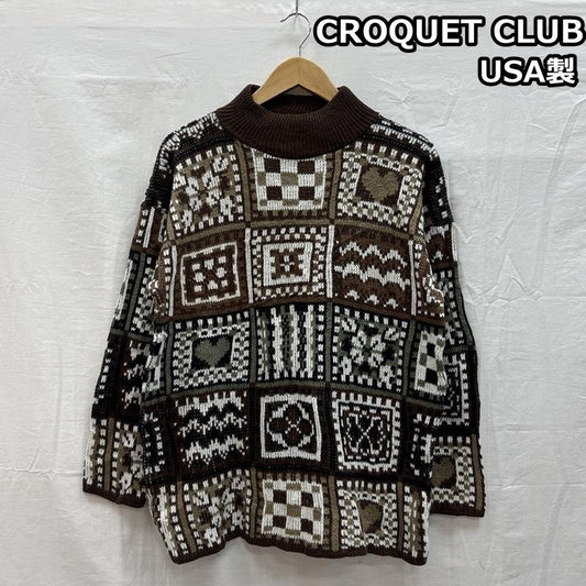 古着 USED トップス トップス CROQUET CLUB USA製 パッチワーク柄 モックネック ニット セーター S 総柄 メンズ USED 古着 中古 50153016