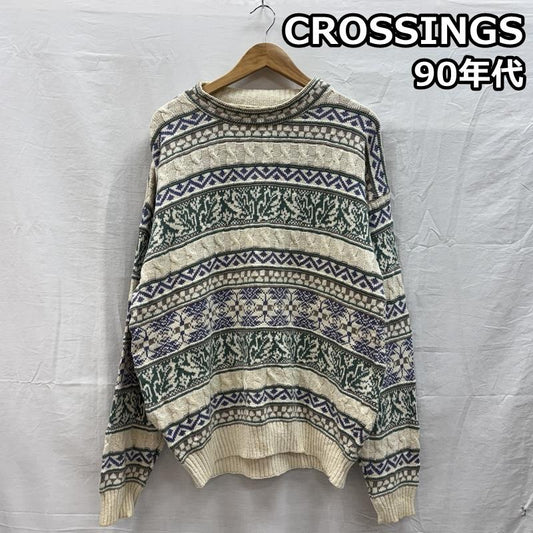 古着 USED トップス トップス CROSSINGS 90年代 ビンテージ USA製 総柄 コットン ニット セーター 90s VINTAGE L 総柄 メンズ USED 古着 中古 50153018