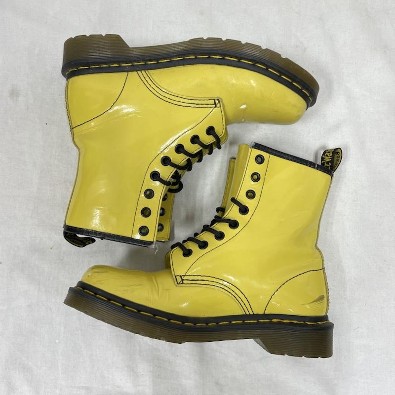 ドクターマーチン Dr.Martens ブーツ ショートブーツ レザー 8ホール ブーツ レースアップ エナメル UK5 11821 UK：5 黄 / イエロー / yellow X 黒 / ブラック / black レディース USED 古着 中古 50153315