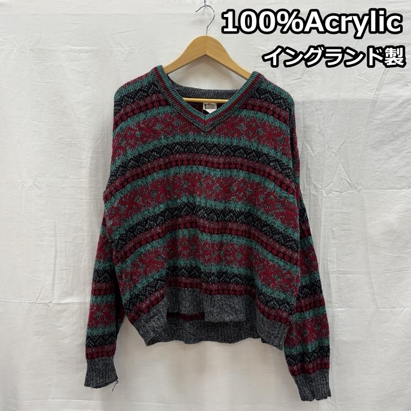 古着 USED ニット、セーター 長袖 100％Acrylic イングランド製 Vネック ニット セーター MADE IN ENGLAND M 総柄 メンズ USED 古着 中古 50153493