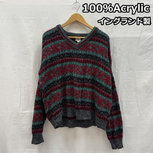 古着 USED ニット、セーター 長袖 100％Acrylic イングランド製 Vネック ニット セーター MADE IN ENGLAND M 総柄 メンズ USED 古着 中古 50153493