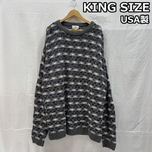 古着 USED ニット、セーター 長袖 KING SIZE USA製 ビッグサイズ クルーネック コットン ニット セーター XXL チェック メンズ USED 古着 中古 50153501