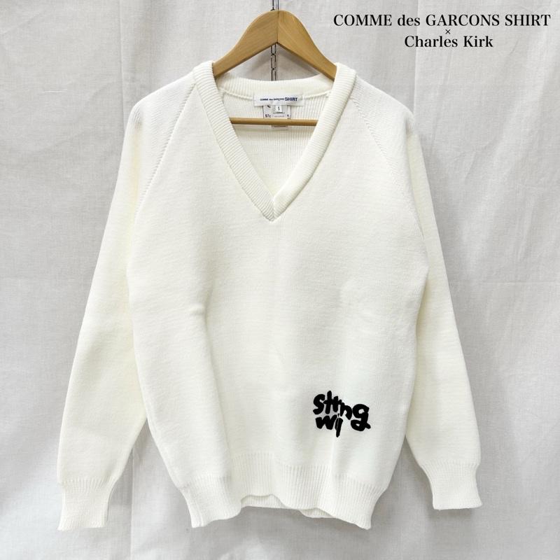 コムデギャルソンシャツ COMME des GARCONS SHIRT ニット、セーター 長袖 charles kirk コラボ Strong Will Vネックセーター ロゴプリント ホワイト Sサイズ S ロゴ、文字 X プリント 白 / ホワイト / white メンズ USED 古着 中古 50153544