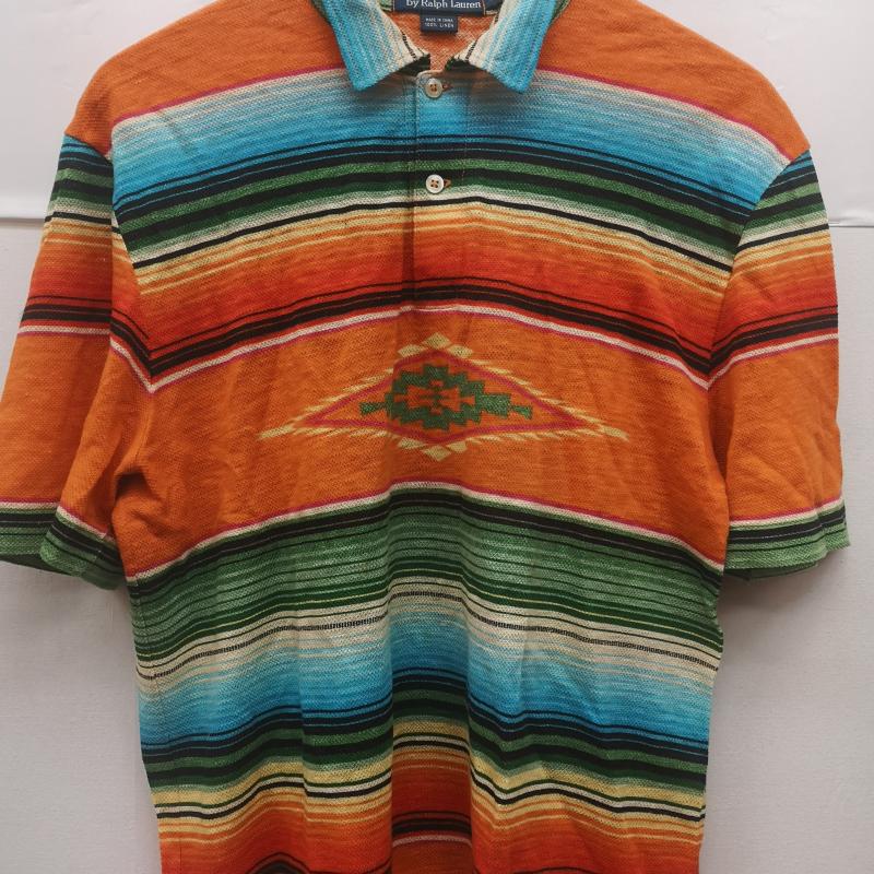 ポロラルフローレン POLO RALPH LAUREN ポロシャツ 半袖 80s 90s ナバホ ストライプ リネン ネイティブ ポロシャツ S 橙 / オレンジ / orange メンズ USED 古着 中古 50153591