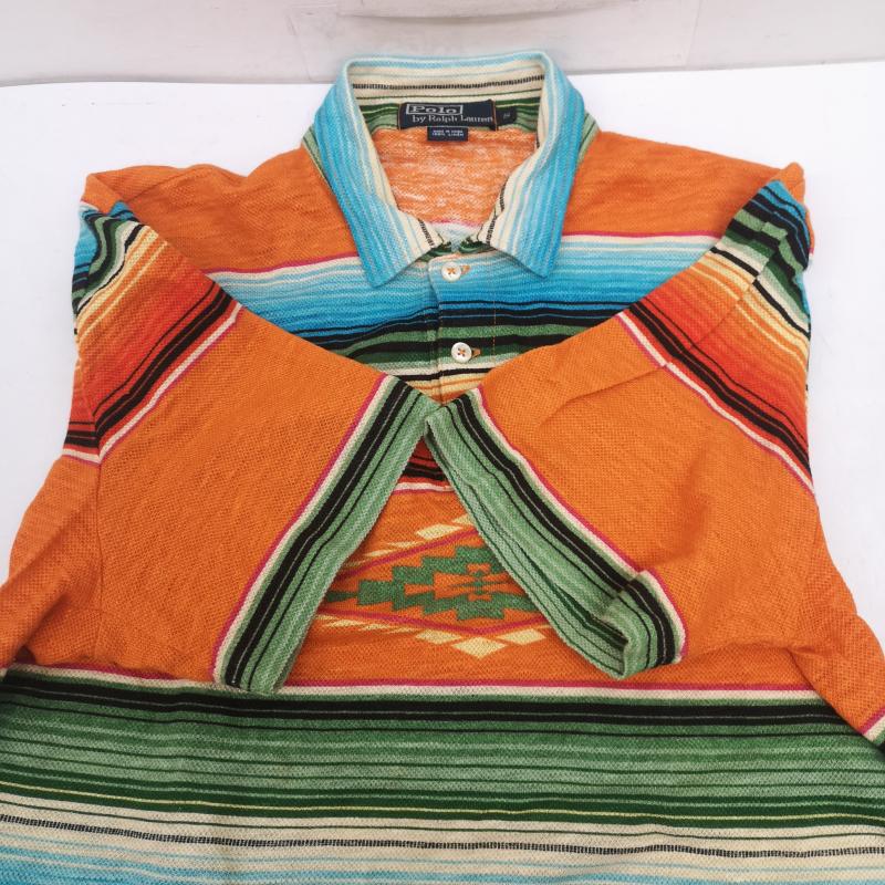 ポロラルフローレン POLO RALPH LAUREN ポロシャツ 半袖 80s 90s ナバホ ストライプ リネン ネイティブ ポロシャツ S 橙 / オレンジ / orange メンズ USED 古着 中古 50153591
