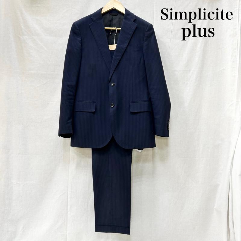 シンプリシテ プリュス SIMPLICITE PLUS スーツ パンツスーツ セットアップ ノッチドラペル センターベント 2つボタン ストライプ ネイビー サイズ46 M ストライプ 紺 / ネイビー / navy メンズ USED 古着 中古 50153599
