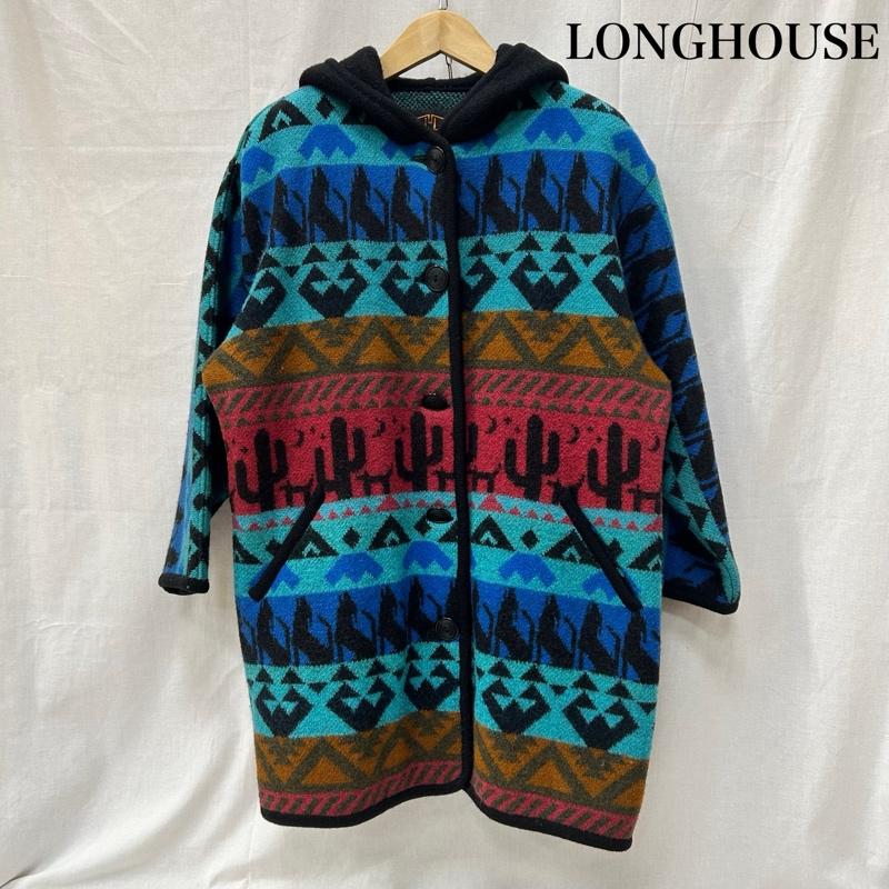 ＵＳＥＤ古着 USED/古着 コート コート一般 LONGHOUSE ロングハウス ニットコート ロングカーディガン ネイティブ柄 カナダ製 Sサイズ S ネイティブ柄 水色 / ライトブルー / X 橙 / オレンジ / orange X 桃 / ピンク / pink レディース USED 古着 中古 50153620