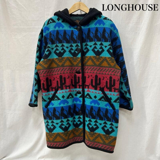 ＵＳＥＤ古着 USED/古着 コート コート一般 LONGHOUSE ロングハウス ニットコート ロングカーディガン ネイティブ柄 カナダ製 Sサイズ S ネイティブ柄 水色 / ライトブルー / X 橙 / オレンジ / orange X 桃 / ピンク / pink レディース USED 古着 中古 50153620