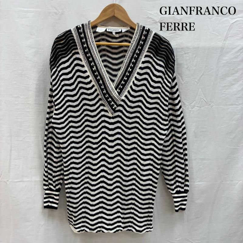 ジャンフランコフェレ GIANFRANCO FERRE ニット、セーター 長袖 コットン レーヨン シルク マルチボーダー Vネック ローゲージ ニット セーター イタリア製 - ボーダー柄 白 / ホワイト / white X 黒 / ブラック / black レディース USED 古着 中古 50154446
