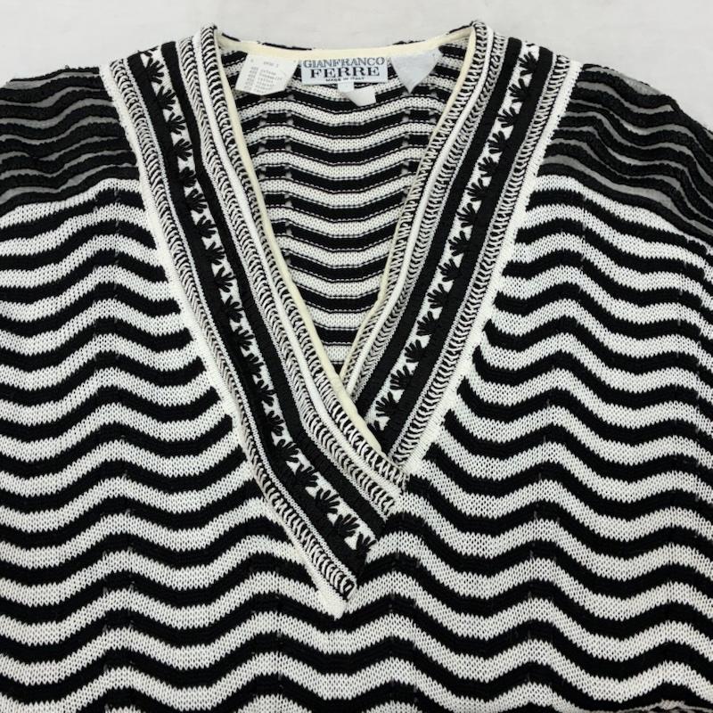ジャンフランコフェレ GIANFRANCO FERRE ニット、セーター 長袖 コットン レーヨン シルク マルチボーダー Vネック ローゲージ ニット セーター イタリア製 - ボーダー柄 白 / ホワイト / white X 黒 / ブラック / black レディース USED 古着 中古 50154446