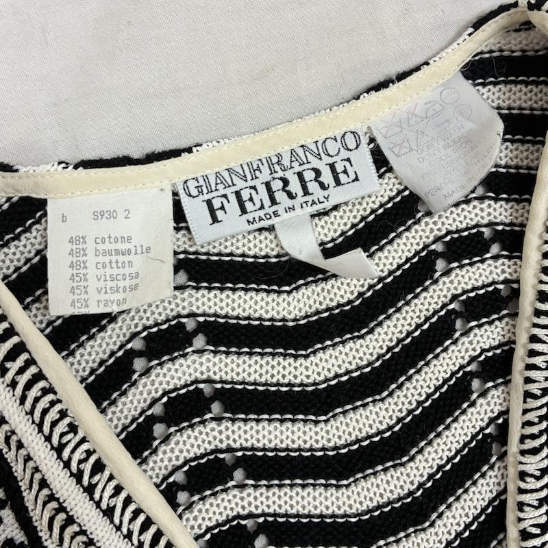 ジャンフランコフェレ GIANFRANCO FERRE ニット、セーター 長袖 コットン レーヨン シルク マルチボーダー Vネック ローゲージ ニット セーター イタリア製 - ボーダー柄 白 / ホワイト / white X 黒 / ブラック / black レディース USED 古着 中古 50154446