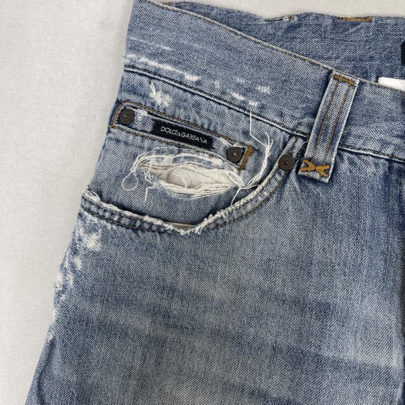 ドルチェアンドガッバーナ DOLCE&GABBANA パンツ デニム、ジーンズ レザー パッチ クラッシュ 加工 ダメージ デニム パンツ zdp72 44 インディゴ / インディゴ / Indigo メンズ USED 古着 中古 50154478