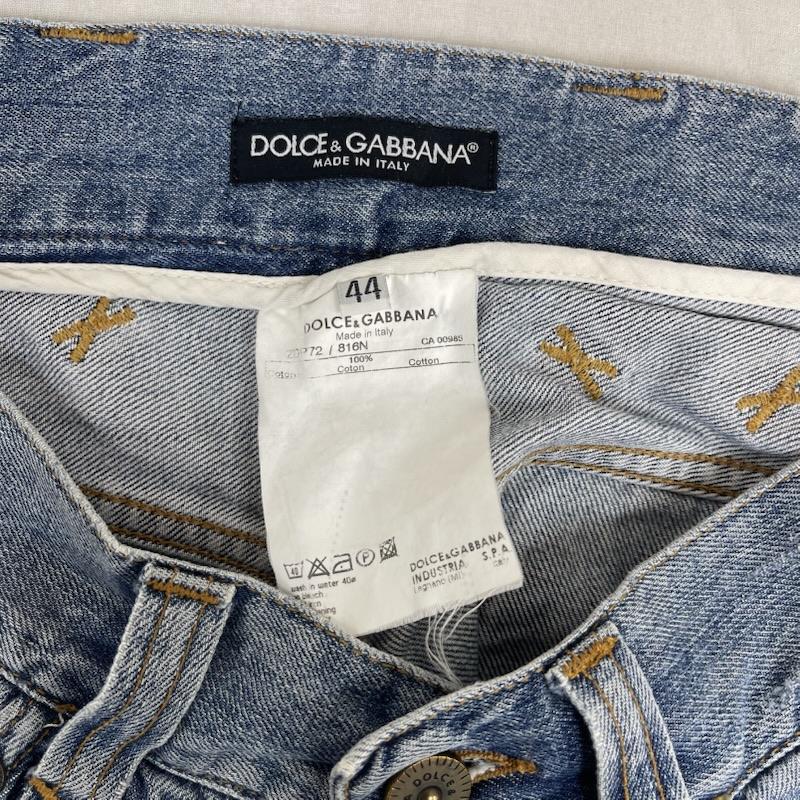 ドルチェアンドガッバーナ DOLCE&GABBANA パンツ デニム、ジーンズ レザー パッチ クラッシュ 加工 ダメージ デニム パンツ zdp72 44 インディゴ / インディゴ / Indigo メンズ USED 古着 中古 50154478