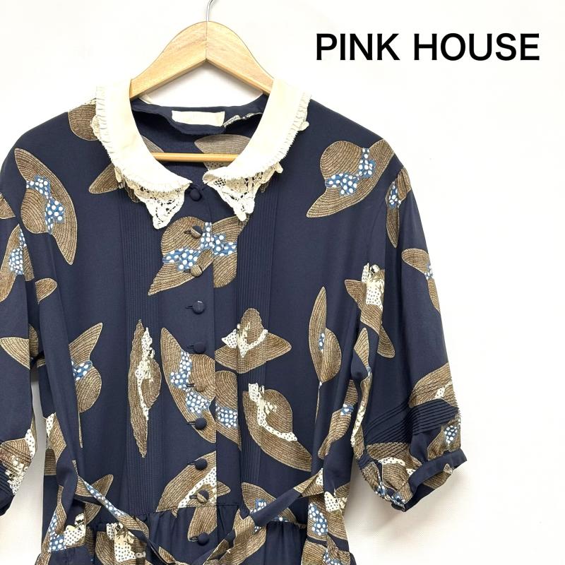 ピンクハウス PINK HOUSE ワンピース ロングスカート ロングワンピース 麦わら帽子柄 白襟 レースフリル プリント レトロワンピ P0131FA13 レディース USED 古着 中古 50154765