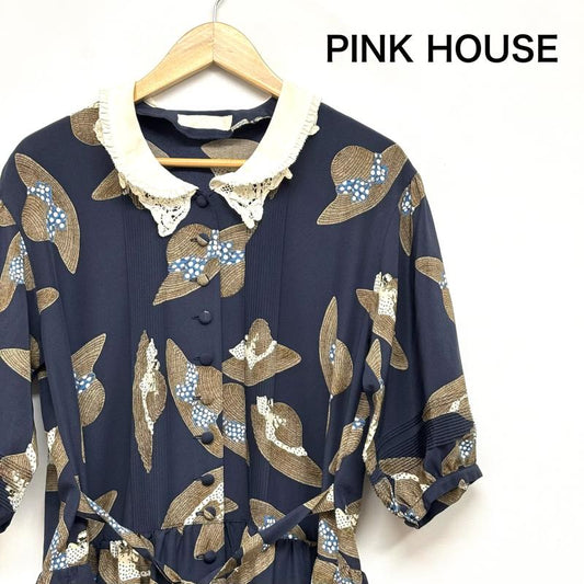 ピンクハウス PINK HOUSE ワンピース ロングスカート ロングワンピース 麦わら帽子柄 白襟 レースフリル プリント レトロワンピ P0131FA13 レディース USED 古着 中古 50154765