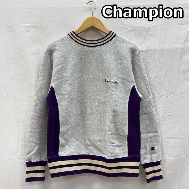 チャンピオン Champion トレーナー 長袖 C3-U029 リバースウィーブ ラインリブ スクリプトロゴ クルーネック スウェット トレーナー M 灰 / グレー / gray X 紫 / パープル / purple メンズ USED 古着 中古 50154777