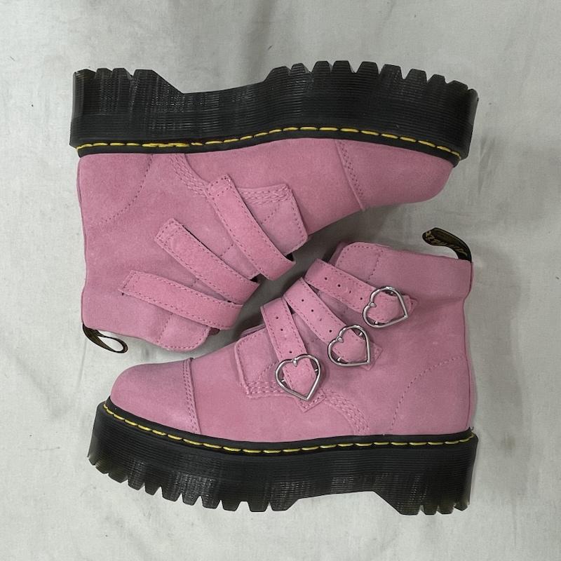 ドクターマーチン Dr.Martens ブーツ ショートブーツ LAZY OAF コラボ ハート バックル トリプル ストラップ スウェード UK6 ショート ブーツ UK：6 ボーダー柄 桃 / ピンク / pink X 黒 / ブラック / black レディース USED 古着 中古 50154850