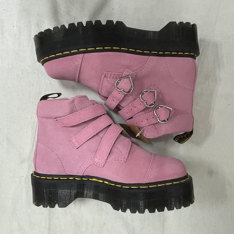 ドクターマーチン Dr.Martens ブーツ ショートブーツ LAZY OAF コラボ ハート バックル トリプル ストラップ スウェード UK6 ショート ブーツ UK：6 ボーダー柄 桃 / ピンク / pink X 黒 / ブラック / black レディース USED 古着 中古 50154850