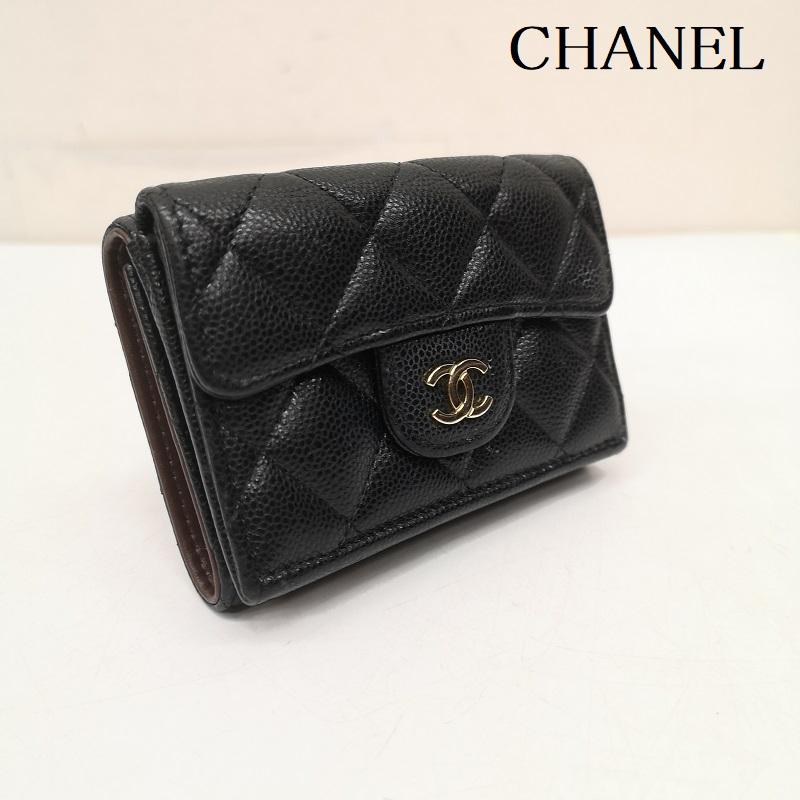 シャネル CHANEL 財布 コンパクト財布 三つ折り財布 マトラッセ ココマーク クラシック スモール ウォレット キャビアスキン - 黒 / ブラック / black レディース USED 古着 中古 50155031