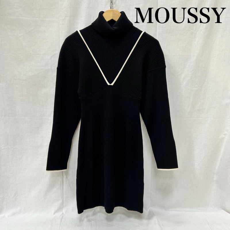 マウジー MOUSSY ワンピース ミニスカート V LINE MINI KNIT DRESS black ハイネック SIZE:2 2 黒 / ブラック / black X 白 / ホワイト / white レディース USED 古着 中古 50155141