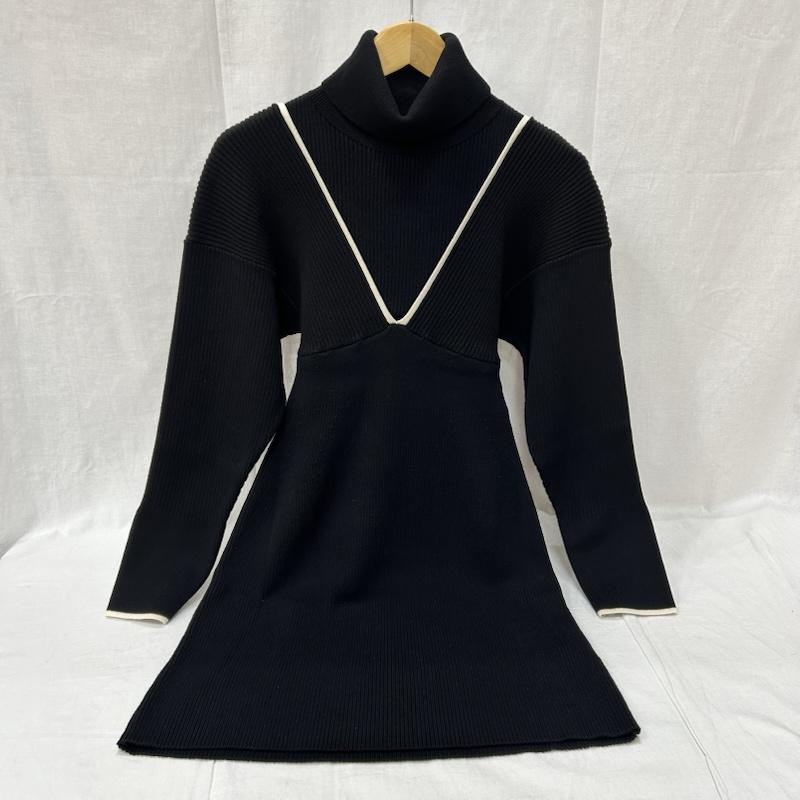 マウジー MOUSSY ワンピース ミニスカート V LINE MINI KNIT DRESS black ハイネック SIZE:2 2 黒 / ブラック / black X 白 / ホワイト / white レディース USED 古着 中古 50155141
