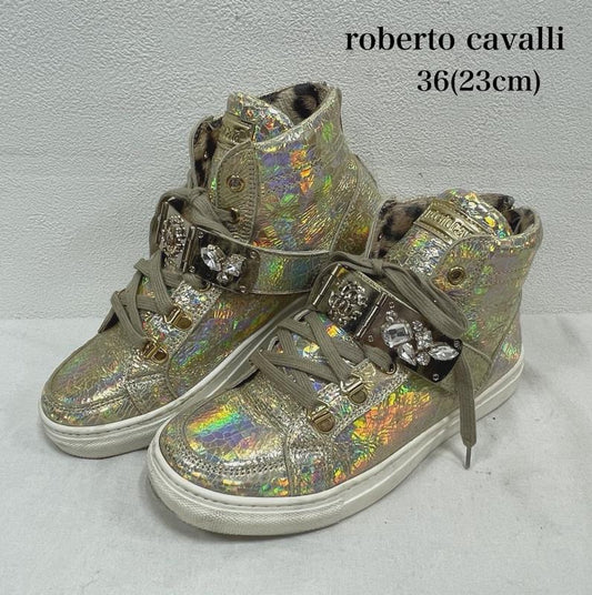 ロベルトカバリ roberto cavalli スニーカー スニーカー ハイカット スニーカー ストーン ビジュー ロゴ メタリック ユニコーン オーロラ ジップ ヒョウ柄 レオパード - 金 / ゴールド / gold color X ベージュ / ベージュ / beige X 白 / ホワイト / white レディース USED 古着 中古 50155172