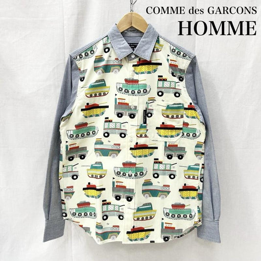 コムデギャルソンオム COMME des GARCONS HOMME シャツ、ブラウス 長袖 切替デザイン 長袖シャツ 潜水艦 車 戦車 船 プリント シャンブレー S 無地 X  水色 / ライトブルー / X ナチュラル / ナチュラル / メンズ USED 古着 中古 50155317