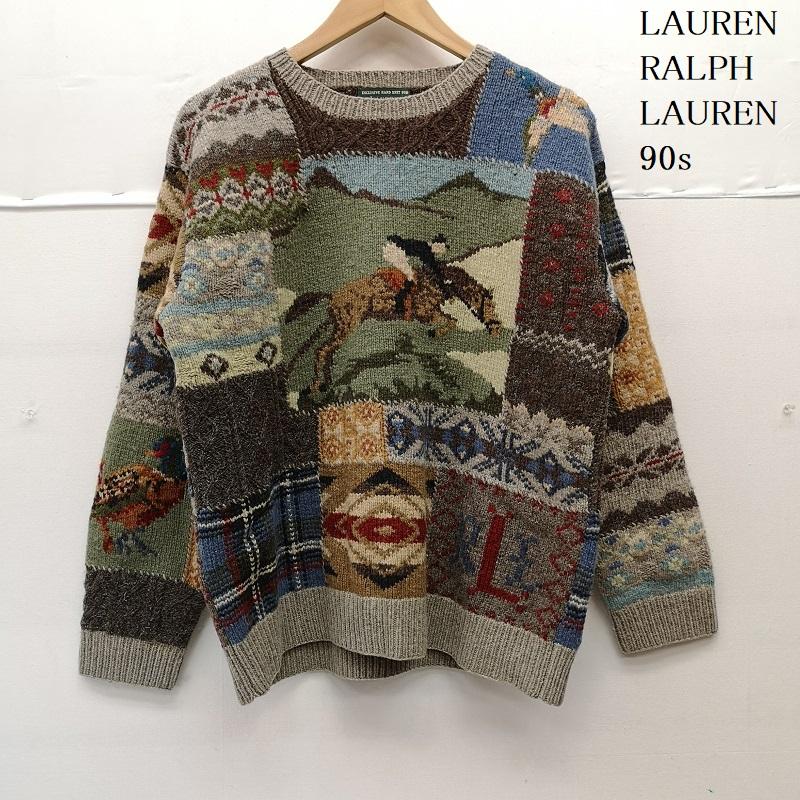 ローレンラルフローレン LAUREN RALPH LAUREN ニット、セーター 長袖 90s 乗馬 野鳥 両面 マルチ パッチワーク ウール ニット セーター M メンズ USED 古着 中古 50155338