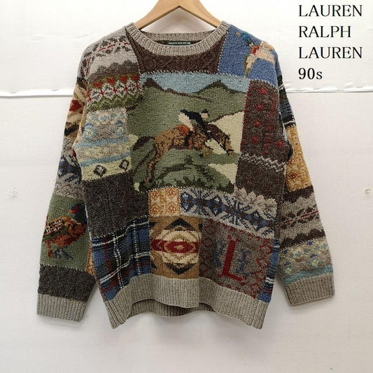 ローレンラルフローレン LAUREN RALPH LAUREN ニット、セーター 長袖 90s 乗馬 野鳥 両面 マルチ パッチワーク ウール ニット セーター M メンズ USED 古着 中古 50155338