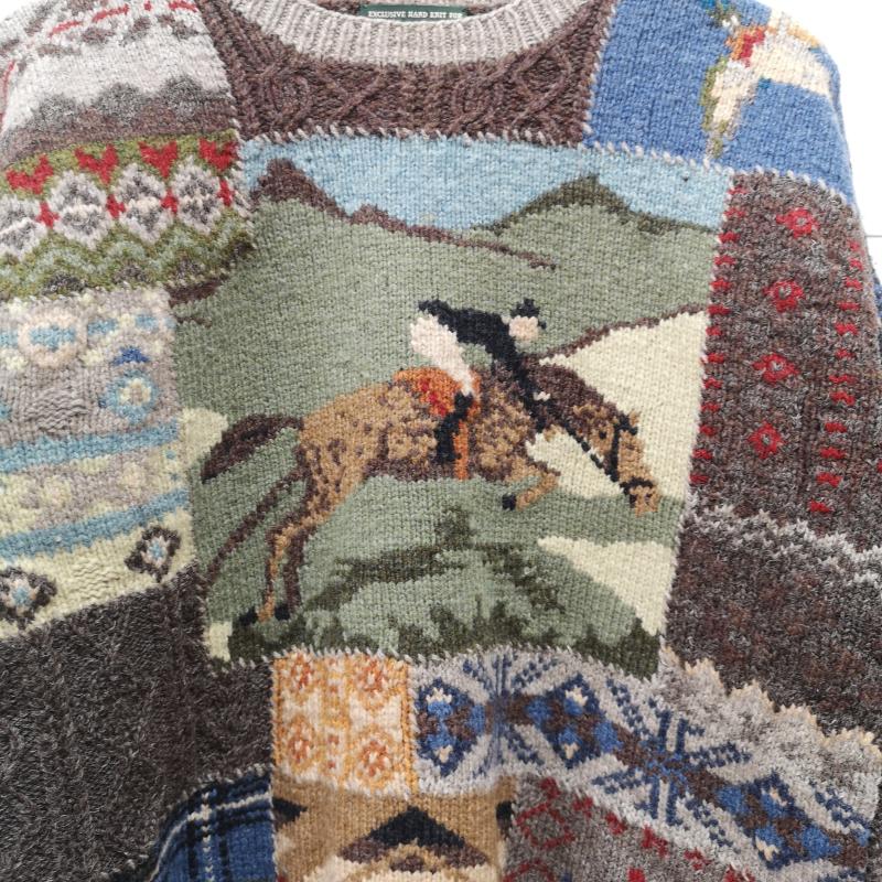 ローレンラルフローレン LAUREN RALPH LAUREN ニット、セーター 長袖 90s 乗馬 野鳥 両面 マルチ パッチワーク ウール ニット セーター M メンズ USED 古着 中古 50155338