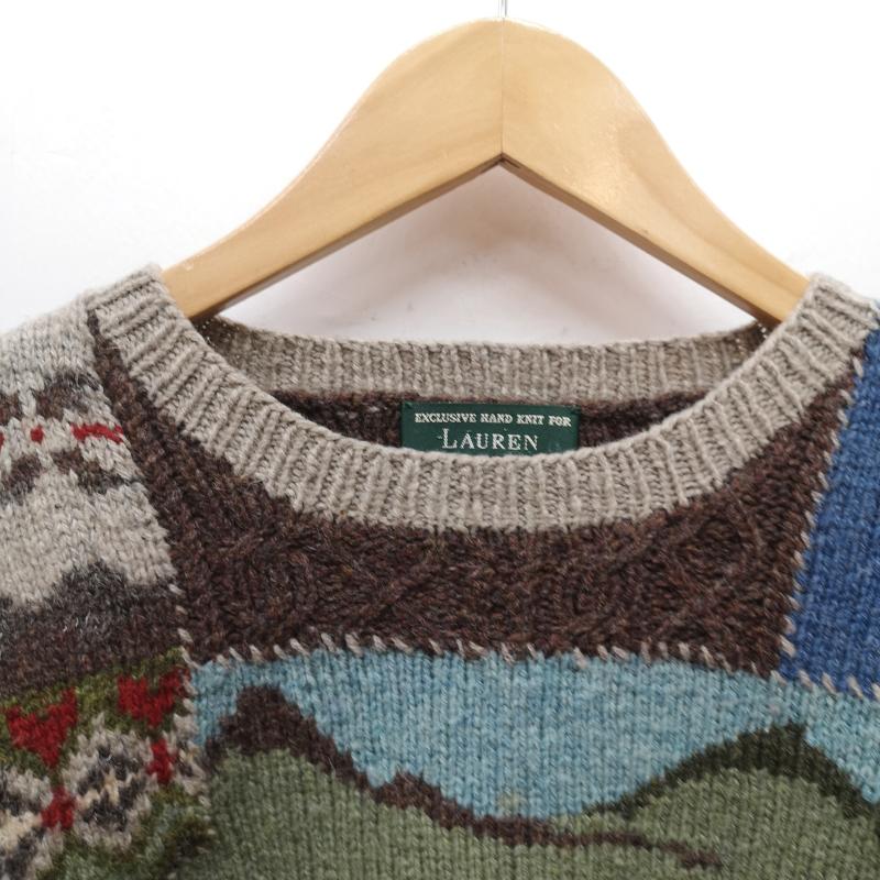 ローレンラルフローレン LAUREN RALPH LAUREN ニット、セーター 長袖 90s 乗馬 野鳥 両面 マルチ パッチワーク ウール ニット セーター M メンズ USED 古着 中古 50155338