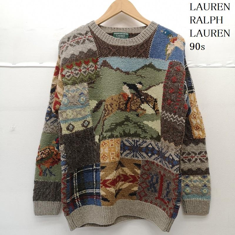 ローレンラルフローレン LAUREN RALPH LAUREN ニット、セーター 長袖 90s 乗馬 野鳥 両面 マルチ パッチワーク ウール ニット セーター M メンズ USED 古着 中古 50155340