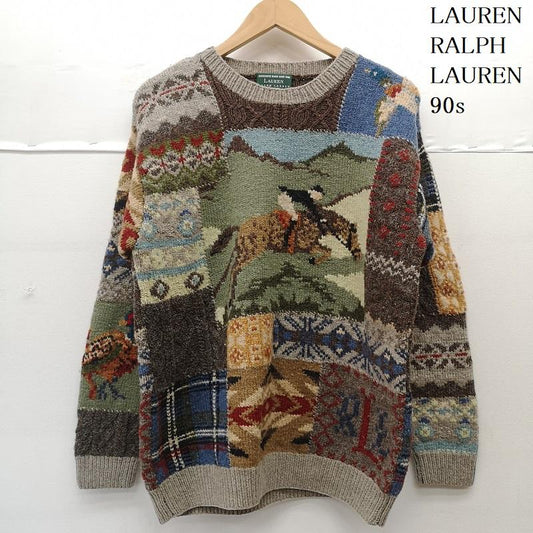 ローレンラルフローレン LAUREN RALPH LAUREN ニット、セーター 長袖 90s 乗馬 野鳥 両面 マルチ パッチワーク ウール ニット セーター M メンズ USED 古着 中古 50155340