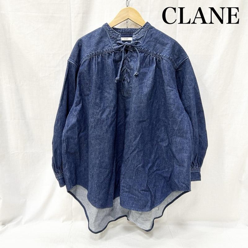 クラネ CLANE シャツ、ブラウス 長袖 LACE UP DENIM TOPS レースアップデニムトップス 11122-4372 チュニック 1 無地 紺 / ネイビー / navy レディース USED 古着 中古 50155460