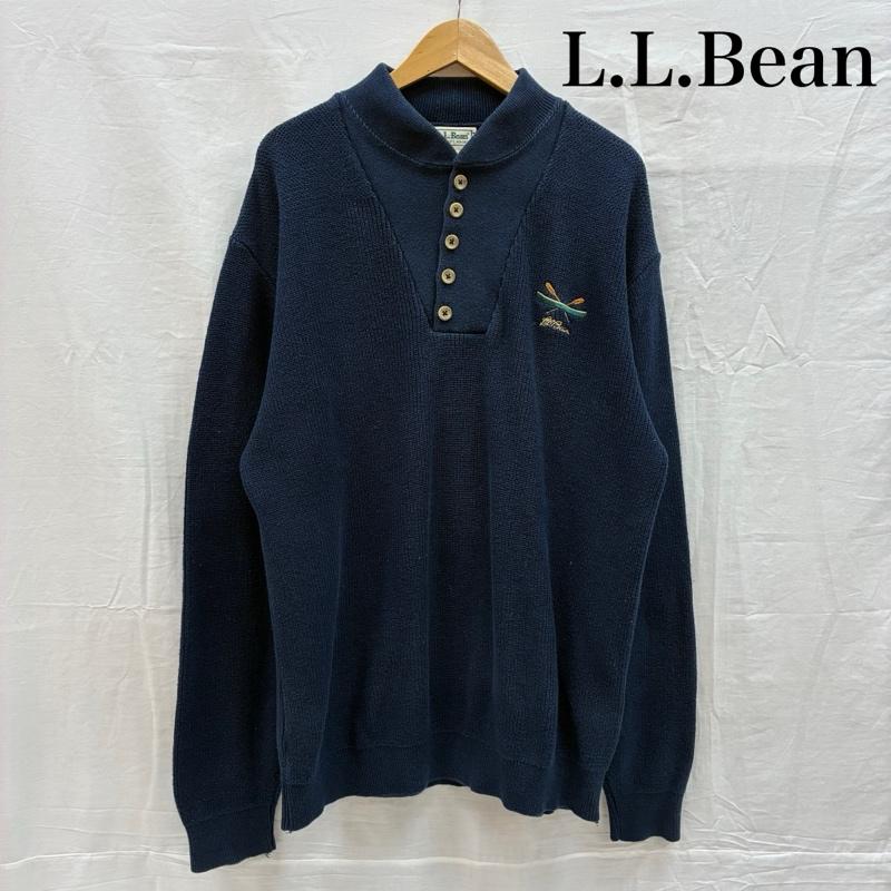 エルエルビーン L.L.Bean ニット、セーター 長袖 80s USA製 ハーフボタン プルオーバー コットン ニット セーター XL ロゴ、文字 X 刺繍 紺 / ネイビー / navy メンズ USED 古着 中古 50155539