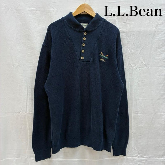 エルエルビーン L.L.Bean ニット、セーター 長袖 80s USA製 ハーフボタン プルオーバー コットン ニット セーター XL ロゴ、文字 X 刺繍 紺 / ネイビー / navy メンズ USED 古着 中古 50155539