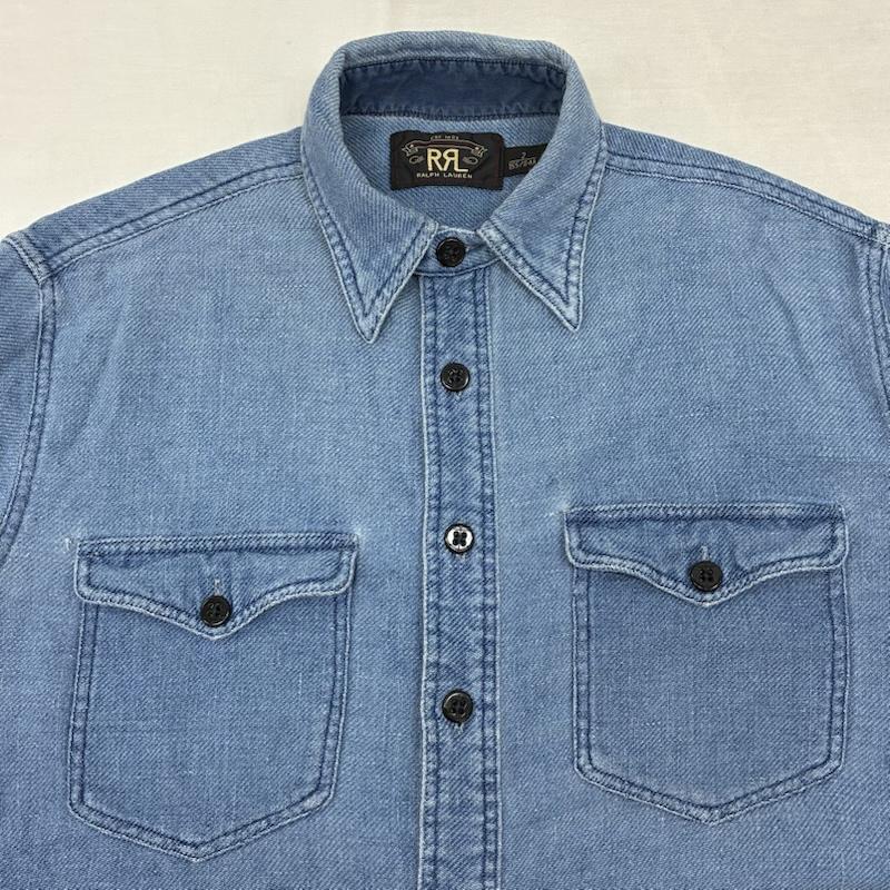 ダブルアールエル ラルフローレン RRL RALPH LAUREN シャツ、ブラウス 長袖 チンストラップ マチ付き コットン ライトインディゴ ワーク シャツ 2 水色 / ライトブルー / メンズ USED 古着 中古 50155543