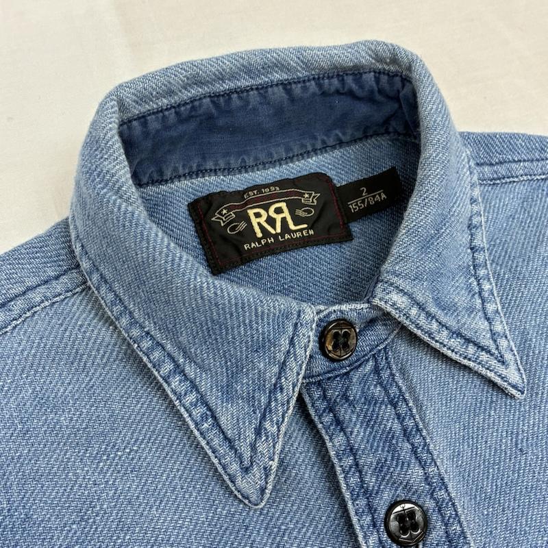 ダブルアールエル ラルフローレン RRL RALPH LAUREN シャツ、ブラウス 長袖 チンストラップ マチ付き コットン ライトインディゴ ワーク シャツ 2 水色 / ライトブルー / メンズ USED 古着 中古 50155543