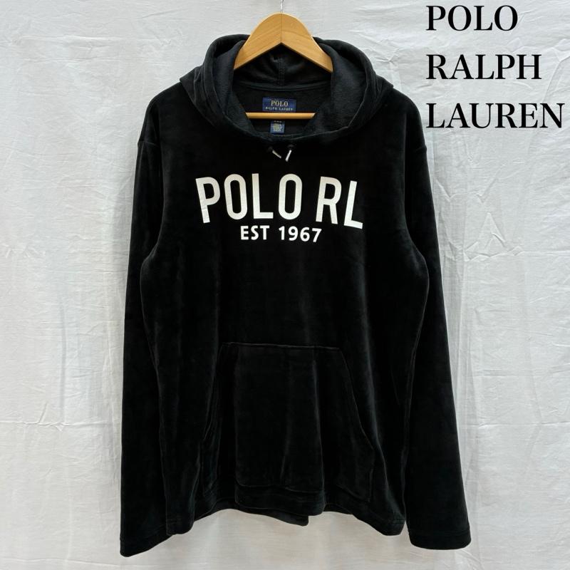 ポロラルフローレン POLO RALPH LAUREN パーカー 長袖 ブラッシュド ベロア ロング スリーブ フーディー プルオーバー パーカー M ロゴ、文字 X プリント 黒 / ブラック / black メンズ USED 古着 中古 50155546