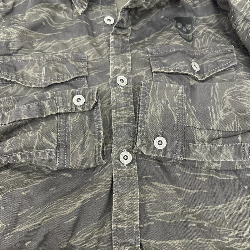 ヒステリックグラマー HYSTERIC GLAMOUR シャツ、ブラウス 長袖 スカル 刺繍 タイガー カモ ミリタリー シャツ 4AH-1642 M カーキオリーブ / カーキオリーブ / メンズ USED 古着 中古 50155707