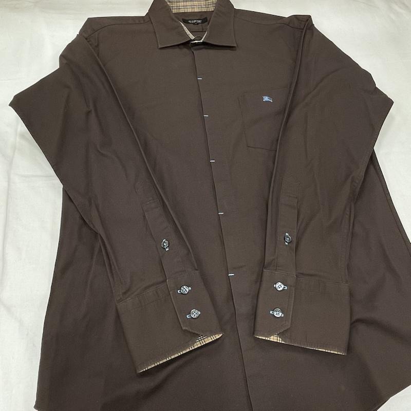 バーバリー BURBERRY シャツ、ブラウス 長袖 BLACK LABEL ブラックレーベル 長袖 シャツ ノバチェック ワンポイント 刺繍 3 無地 X ワンポイント X 刺繍 茶 / ブラウン / brown X 水色 / ライトブルー / メンズ USED 古着 中古 50155805