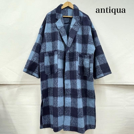 アンティカ antiqua コート コート一般 チェック チェスターコート ロング シャギー オープンフロント FREE チェック 水色 / ライトブルー / X 紺 / ネイビー / navy レディース USED 古着 中古 50155819