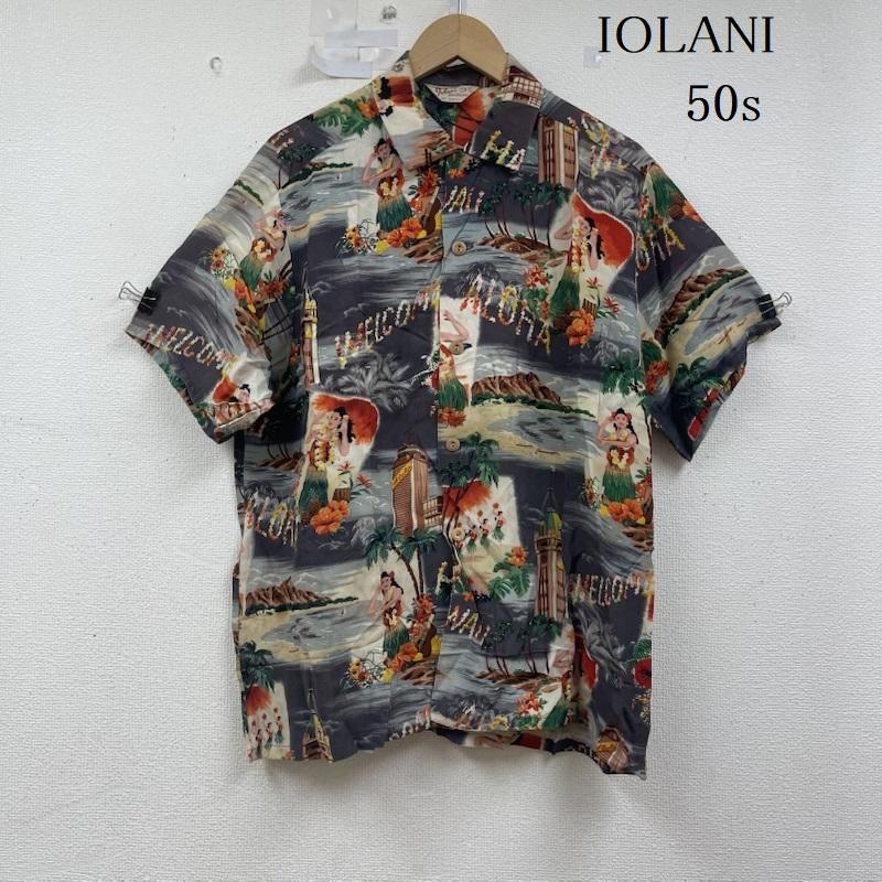 イオラニ IOLANI シャツ、ブラウス 半袖 50s SPORTSWEAR HULA GIRL & ALOHA TOWER PATTERN アロハシャツ L 灰 / グレー / gray メンズ USED 古着 中古 50155860