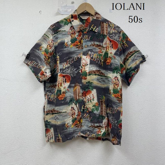 イオラニ IOLANI シャツ、ブラウス 半袖 50s SPORTSWEAR HULA GIRL & ALOHA TOWER PATTERN アロハシャツ L 灰 / グレー / gray メンズ USED 古着 中古 50155860